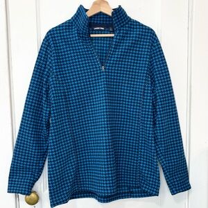 Lands' End Womens Blue Houndstooth 1/4 zip Fleece Pullover Sweater,Sz L (14-16)